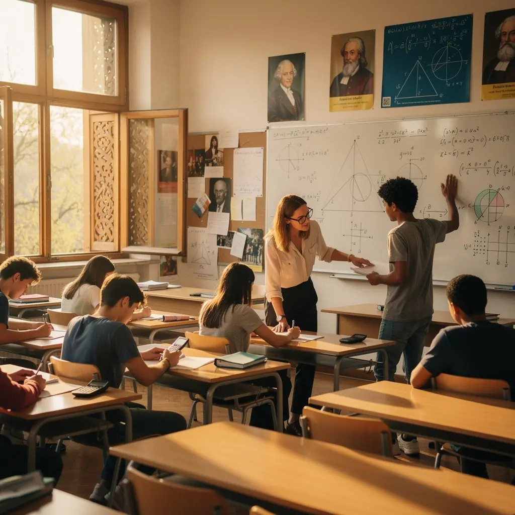Ein Schüler löst eine komplexe Gleichung auf einer Tafel.