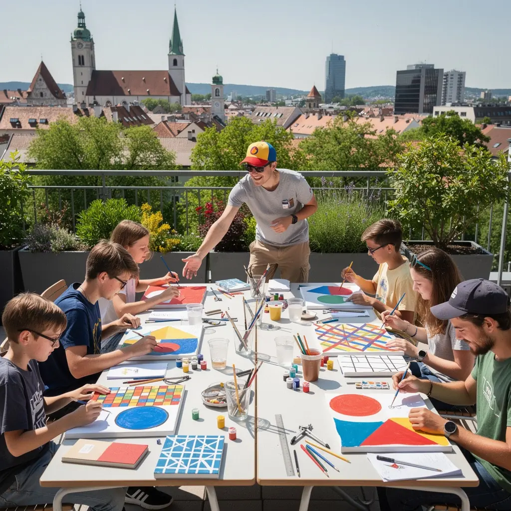 Eine Tafel, auf der komplexe geometrische Figuren und deren Eigenschaften skizziert sind.