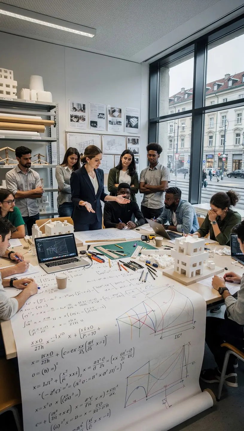 Eine Tafel, auf der komplexe geometrische Figuren und deren Eigenschaften skizziert sind.